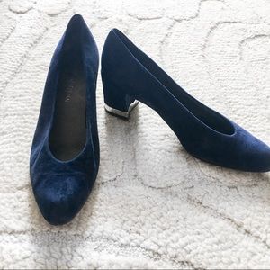 Stuart Weitzman Navy Suede Silver Block Heel Pumps